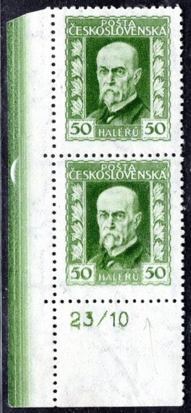 188 A, P 2, TGM, neotypie, hz 13 3/4:13 1/2 , rohová dvoupáska s  DČ, zelená 50 h, zkoušeno Gilbert, nálepka na okraji mimo známky, barevný pruh na okraji, zajímavé