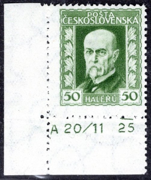 188 A, P 1, TGM, neotypie, hz 13 3/4:13 1/2 , rohový kus s  DČ, zelená 50 h, zkoušeno Gilbert, ohyb, v rohu mimo známku 