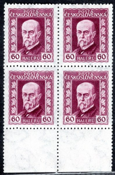 188 A, P 2, TGM, neotypie, hz 13 3/4:13 1/2 , krajový 4blok, fialová 60 h, zkoušeno Gilbert, 