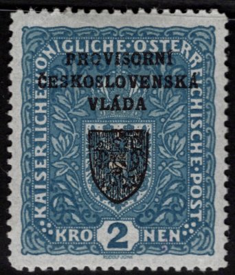 RV 16, I, Pražský přetisk, znak, modrá 2 K, zkoušena Gilbert, Vrba