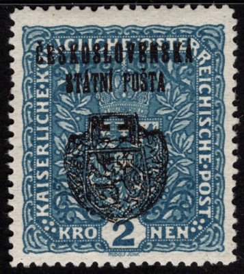 RV 37, II, Pražský přetisk, formát široký, znak, modrá 2 K, dvl, zkoušena  Gilbert, Vrba