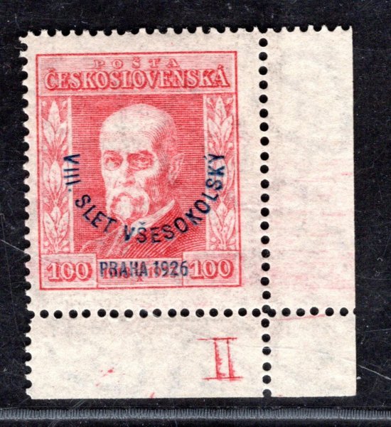 184, P 7, Všesokolský slet, pravý dolní rohový kus, červená 100 h, DZ II, hledané