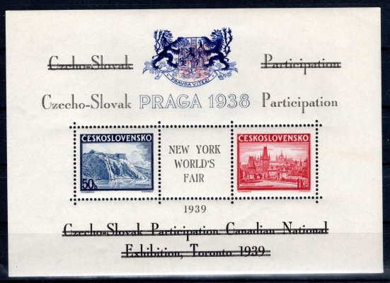 AS10d, přítisk na aršíku A 342/3 Praga, TORONTO 1939, znak modrý, text černý, nápisy přeškrtány, uprostřed přítisk NY WORLDS FAIR