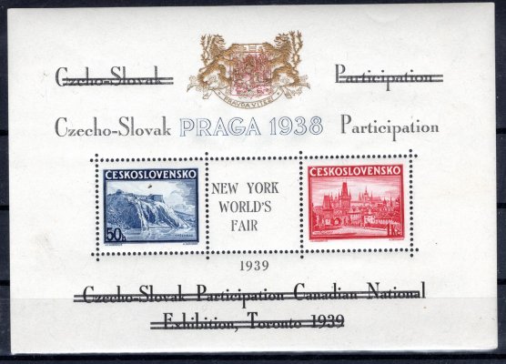AS10e, přítisk na aršíku A 342/3 Praga, TORONTO 1939, znak zlatý, text černý, nápisy přeškrtány, uprostřed přítisk NY WORLDS FAIR
