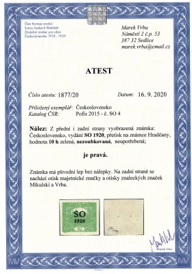 SO 4, nezoubkovaná, zelená 10h, zkoušena Mikulski, Vrba a atest Vrba, známka s původním lepem bez nálepky