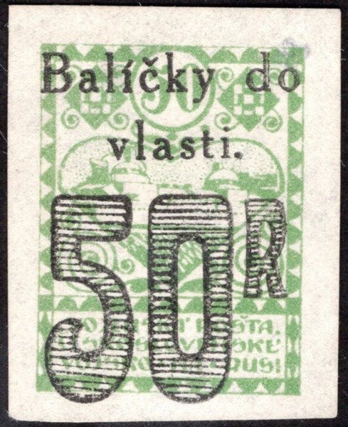 PP 3 + přítisk I, 50kop zelená s přítiskem "Balíčky do vlasti 50R", na známce původně bez lepu, zkoušeno Šula, Mrňák, Gilbert, Vrba a atest Vrba, vzácná a hledaná známka