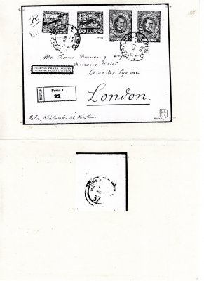 letecký dopis s dvoupáskou známky TGM  č.140 - 125 h modrá a známkami L 1 a 2, 14/200, 24/500, modrá a hnědá, R nálepka č. 22, Praha 1, podací razítko Praha 1, 2/XI/20 - 4a , adresovaný do Londýna s příchozím razítkem London 37. dopis mezi známkami lehce přeložen, letecká směrovka Praha-Londýn. Zkoušeno a atest Karaásek z roku 1994, mimořádná celistvost, známky emise TGM 1920 jsou na leteckých zásilkách mimořádně vzácné.