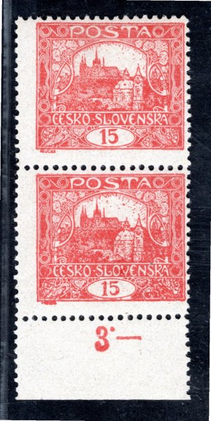 7 B STs, dolní krajová dvoupáska se spojeným spirálovým typem, hz 11 3/4, spirálový typ na ZP 92/I. TD, cihlově červená 15 h, zk. Gilbert, atesty Karásek a Vrba, velmi vzácný a hledaný spojený typ v dobré kvalitě, hledané, ojedinělá nabídka