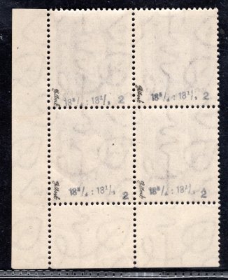 188 A, P 2, TGM, neotypie, hz 13 3/4:13 1/2 , pravý dolní rohový 4blok, fialová 60 h, lom,  zkoušeno Gilbert, nálepka na okraji mimo známky