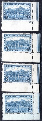 225, P 5 - 8, Praha, Tatry, rohové s DČ 3, kompletní sestava průsvitek, okraj s bordurou, modrá 2 Kč, zkoušeno Gilbert