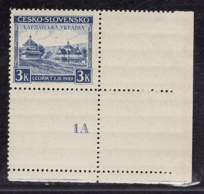 351, Karpatská Ukrajina, rohová známka s DČ 1A, modrá 3 K