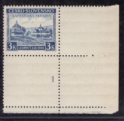 351, Karpatská Ukrajina, rohová známka s DČ 1, modrá 3 K