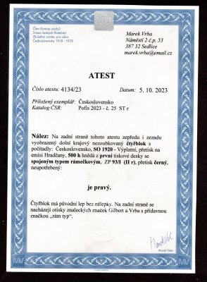 SO 22a, STr, krajový 4blok s počítadly, přetisk černý, se spojeným rámečkovým typem na ZP 93/I. TD, hnědá 500 h, čtyřblok s původním lepem bez nálepky, zkoušeno Gilbert, Vrba a atest Vrba