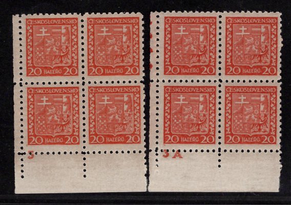 250x, státní znak, papír průsvitný, rohové 4bloky s DČ 3 a 3A, červená 20 h, zkoušeno Šablatůra