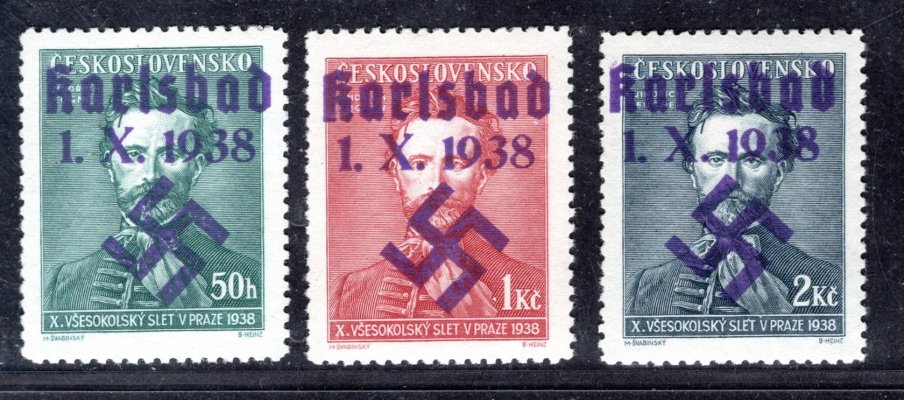 Sudety, Mi. 395 - 7, Všesokolský slet s přetiskem Karsbad 1.X.1938, 1 x attest NY Philatelic Foundation