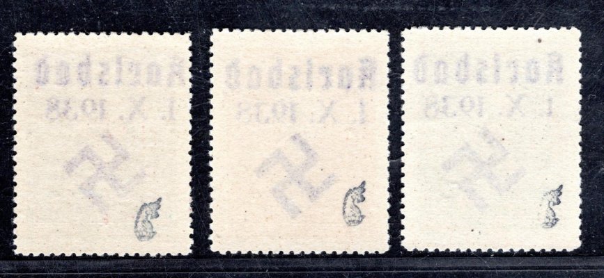 Sudety, Mi. 395 - 7, Všesokolský slet s přetiskem Karsbad 1.X.1938, 1 x attest NY Philatelic Foundation