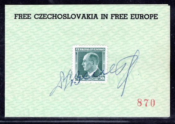 315, Beneš na číslované kartičce (Americká asociace) s vlastnoručním podpisem Edvarda Beneše, hezké