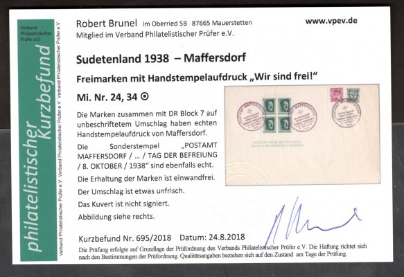  Sudetenland 1938, přetisk WIR SIND FREI Maffersdorf / Vratislavice n. Nisou, Mi. 24 + 34 + DR Block 7, příležitostné razítko GEBURTSORT KONRAD HENLEIN - Tag der Befreiung - 8. 10. 1938, unikátní použití aršíku DR Block 7 na velké pamětní obálce v Sudetech 1938, poprvé v české aukci, atest Brunel BPP