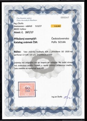 SO 14 A, hz 13 3/4:13 1/2, zkoušeno Gilbert a atest Štolfa, známka s původním lepem a stopou po nálepce, hledané