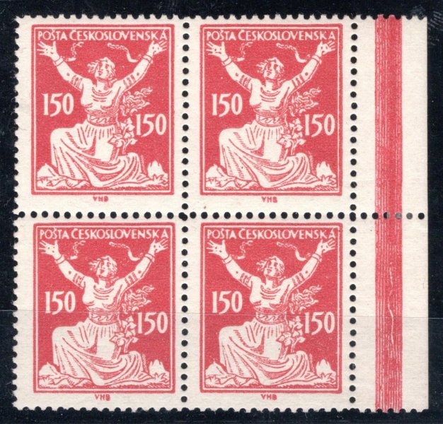 159 B, OR, řz 13 3/4, krajový 4blok obsahují všechny 3 typy, červená 150h, zoušeno Gilbert, nálepka na okraji mimo známky, v této formě vzácné
