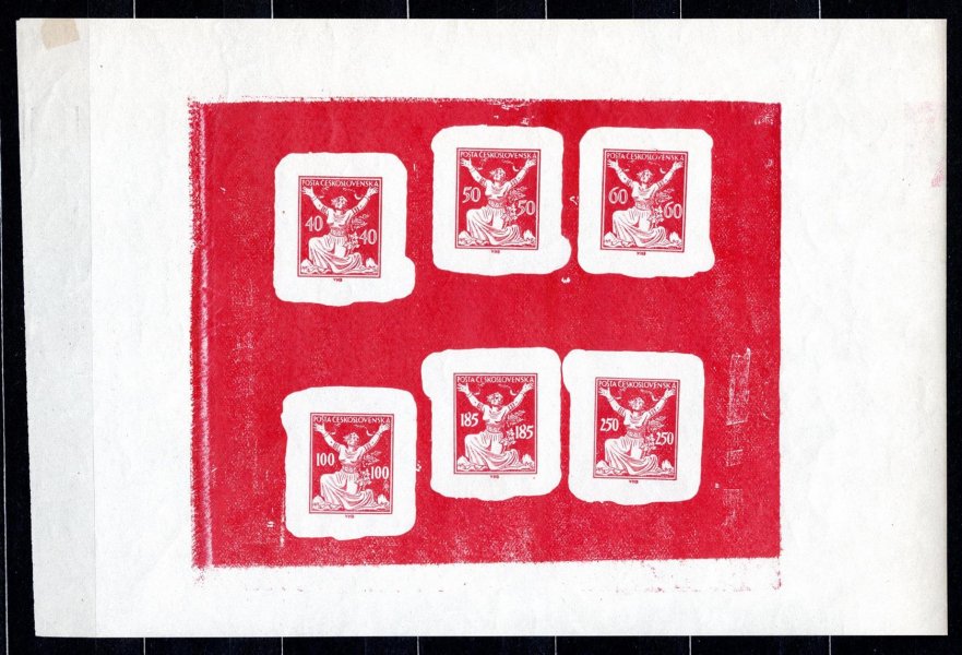 ZT, OR, soutisk 6-ti hodnot, definitivní kresba, neopracovaná deska v barvě červené na známkovém papíru s lepem