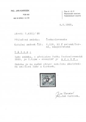 129 Py, 12 f černé číslo 1908/1909. Přetisk typu I, opravený lep.  Zkoušeno Majer, Karásek, Mahr + Atest Karásek. Mimořádně vzácná známka