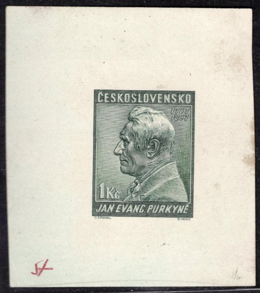323, J.E. Purkyně 1937, rytina 1 Kč v zelené barvě, zkoušeno Stupka 