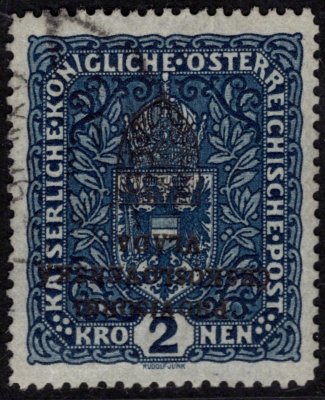 RV 16 Pp, I. Pražský přetisk, převrácený na známce 2 K znak, tmavě modrá, formát úzký, zkoušeno Gilbert, Vrba a atest Vrba, známka v této podobě je unikátní
