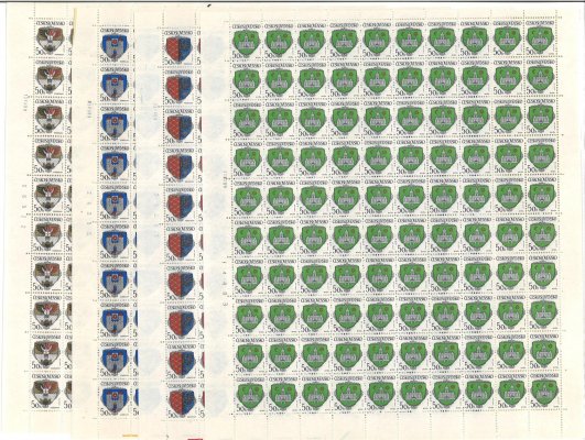 2934 - 2937 Známky československých měst, PA (100), kompletní archy deska A + B, PA 2937 DV 11/1,  obsahují  čísla  + data tisku 12.XII.89, 6.XII.89, 26.IX.89, 31.X.89, 4.X.89,28.IX.89, 26.X.89