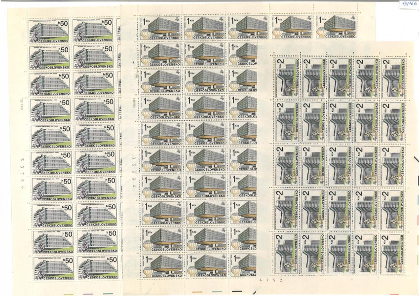 2853-2855 Praha současností - PRAGA 1988,  PA (50), kompletní archy deska A + B, 1 x PA 2854 - levý okraj  poškozen, celkem 6 archů, obsahující čísla  + data tisku 13.IV.88, 5.V.88, 17.V.88,6.V.88