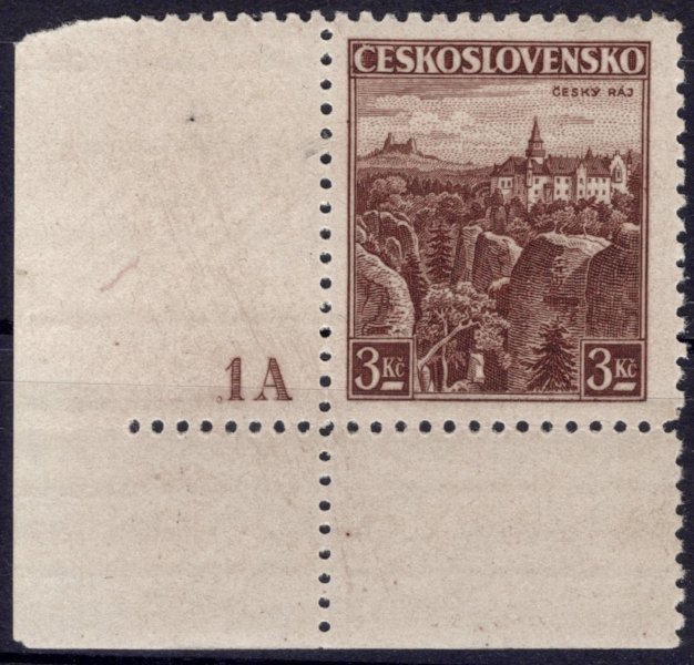 309; Český Ráj 3 Kč hnědá, levá dolní rohová známka s DČ 1A, široký okraj