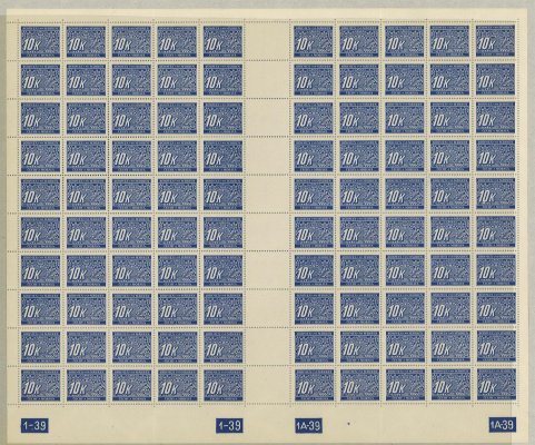 13 DL; 10 K červená - 100kusový arch s  Dč 1 -39, 1A-39, unikátní 