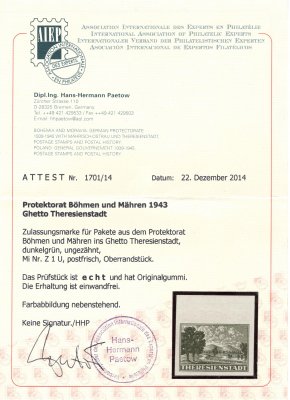 Pr 1B, Terezín , balíková připouštěcí známka, ktajová, nezoubkovaná, zkoušeno Gilbert, atest Paetow, hledané