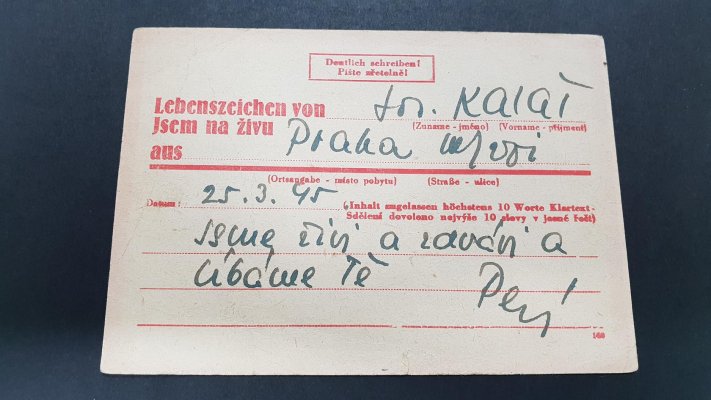 CSZ1 - dopisnice Spěšná zpráva, podací razítko Praha 6, 26.3.1945 zaslaná do Rokycan, stopy poštovního provozu