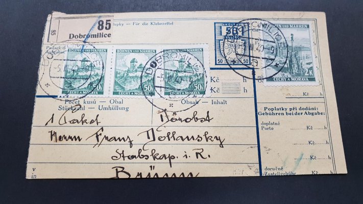 PD9B - známka potravní daně na zadní straně části balíkové průvodky z Dobromilice, 5.3.1940, příchozí Brno 2, datum 6.3.1940