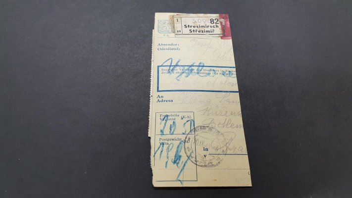 PD1- známky (3 ks) potravní daně na zadní straně části balíkové průvodky ze Střemíze, příchozíPraha 1, datum 20.9.1941