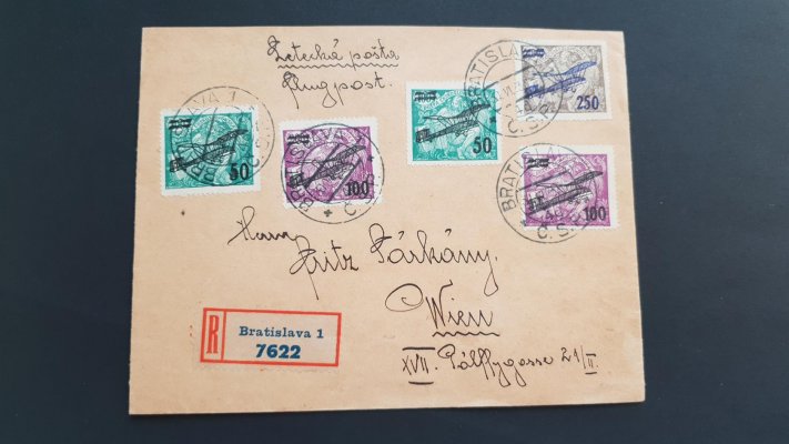 Letecký Dopis : L 4 - 6 ; doporučený letecký dopis do Bratislavy vyplacený leteckými známkami II. letecké emise, podací razítka PRAHA 1 s daty 30. VI. 1923, příchozí razítko chybíu