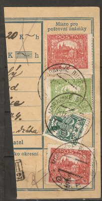 6 C, 10 h zelená, rámečkový typ na ústřižku balíkové průvodky + 2 x zn. Hradčany 15 h + 1 zn. Holubice 25 h, razítko Moravské Budějovice 24.9.1920.