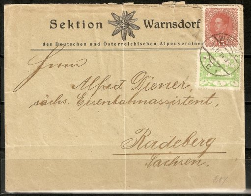Firemní obálka se smíšenou frankaturou Karel 15h a Hradčany 3D, podací razítko Warnsdorf 11.2.1919