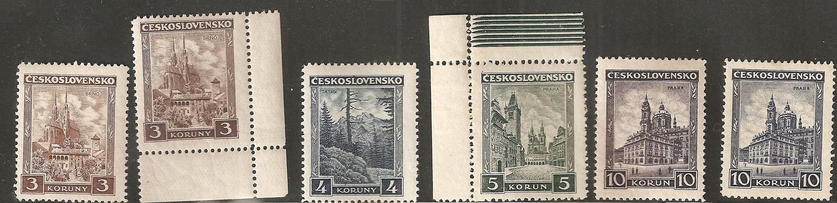 254 -57 Města a krajiny, kompl. řada + odstíny, u hodnoty 5 K povoleno zoubkování v rohu, katalog 750,- Kč