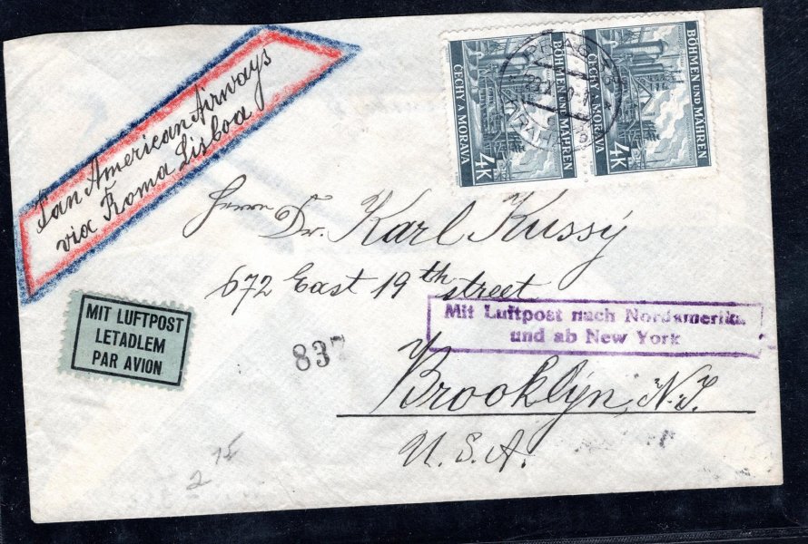 letecký dopis do USA vyplacený 2x známkou 4 Kč, číslo 37, německá cenzura, fialový kašet - Letecká pošta do severní Ameriky, letecká nálepka