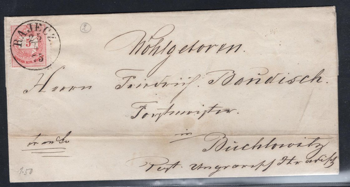 Skládaný dopis frank. 5Kr Obálka, raz. RAJECZ 25.4.1875, do Buchlovic (Buchlowitz); vzadu příchozí Ung. Hradisch a pečeť, vodorovně lehce mimo známku a razítka přeloženo