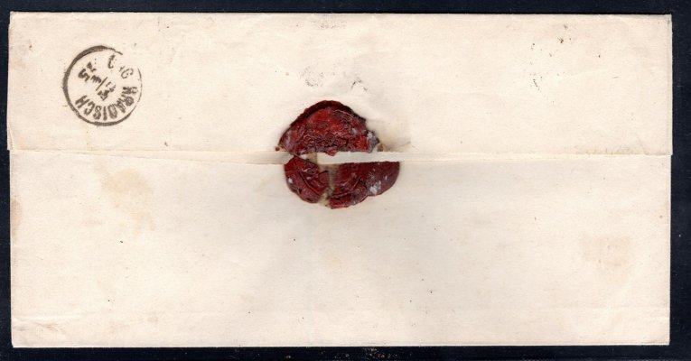 Skládaný dopis frank. 5Kr Obálka, raz. RAJECZ 25.4.1875, do Buchlovic (Buchlowitz); vzadu příchozí Ung. Hradisch a pečeť, vodorovně lehce mimo známku a razítka přeloženo