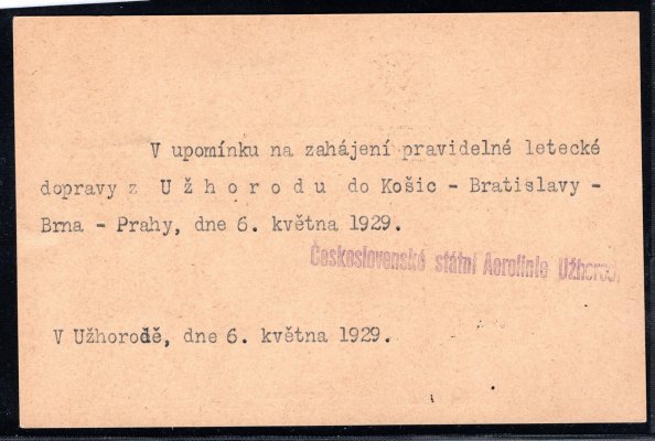 CDV 37 Znak dofr. 30h Pernštejn, poštovna UŽHOROD LETIŠTĚ - 6.5.1929, kašet "1. let Užhorod-Praha"; vzadu upomínkový text s razítkem ČSA Užhorod (Horka 84d, 2500.-Kč)