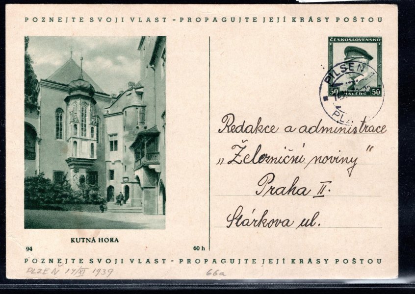 CDV 69 ; Protektorát, souběžná CDV69, č. 94 Kutná Hora, dvojjazyčné raz. PILSEN - 14.11.1939; nefilatelistická korespondence