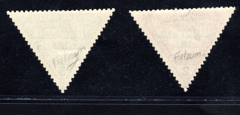 55 - 56 ; Merkur trojúhelník Pošta československá 2h a 5h, falza přetisku k srovnávacím účelům	