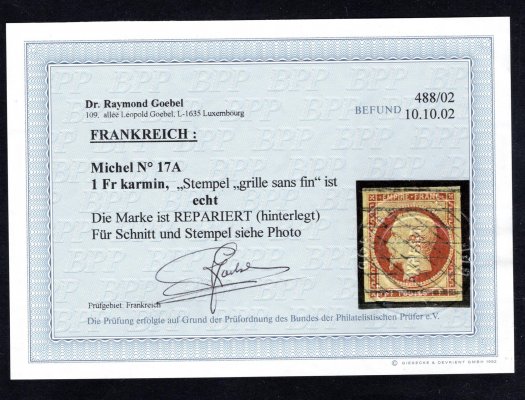 Francie  1853  Mi. 17 A karminová, Napoleon, drobná reparace, Atest, katalog 4200,- Euro, vzácná známka