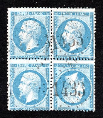 Francie 1862  Mi.21 a, modrá 20 C Tete Beche , Napoleon, černé razítko, zkoušeno, velmi vzácné