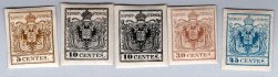 Rakousko  1884-1894 NOVOTISKY I. EMISE / sestava 5 novotisků, znak 5 Cts hnědá, 2x 10 Cts černá, 30 Cts hnědá a 45 Cts modrá; 1x označeno Neudruck, zajímavá sestava