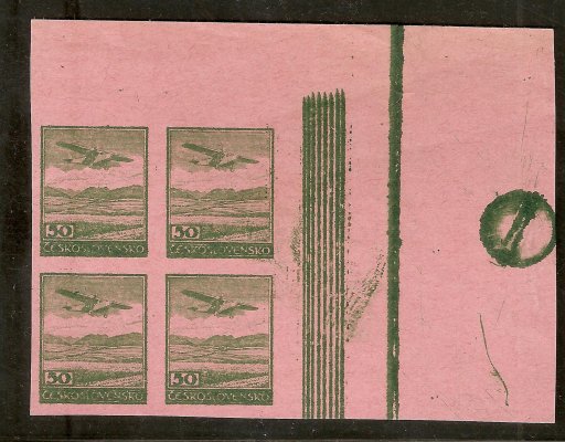 L 7; rohový 4 - blok na růžovým papíru  s bordurou - dělíci lišta  a s  otiskem uponínacího  šroubu – dekorativní 